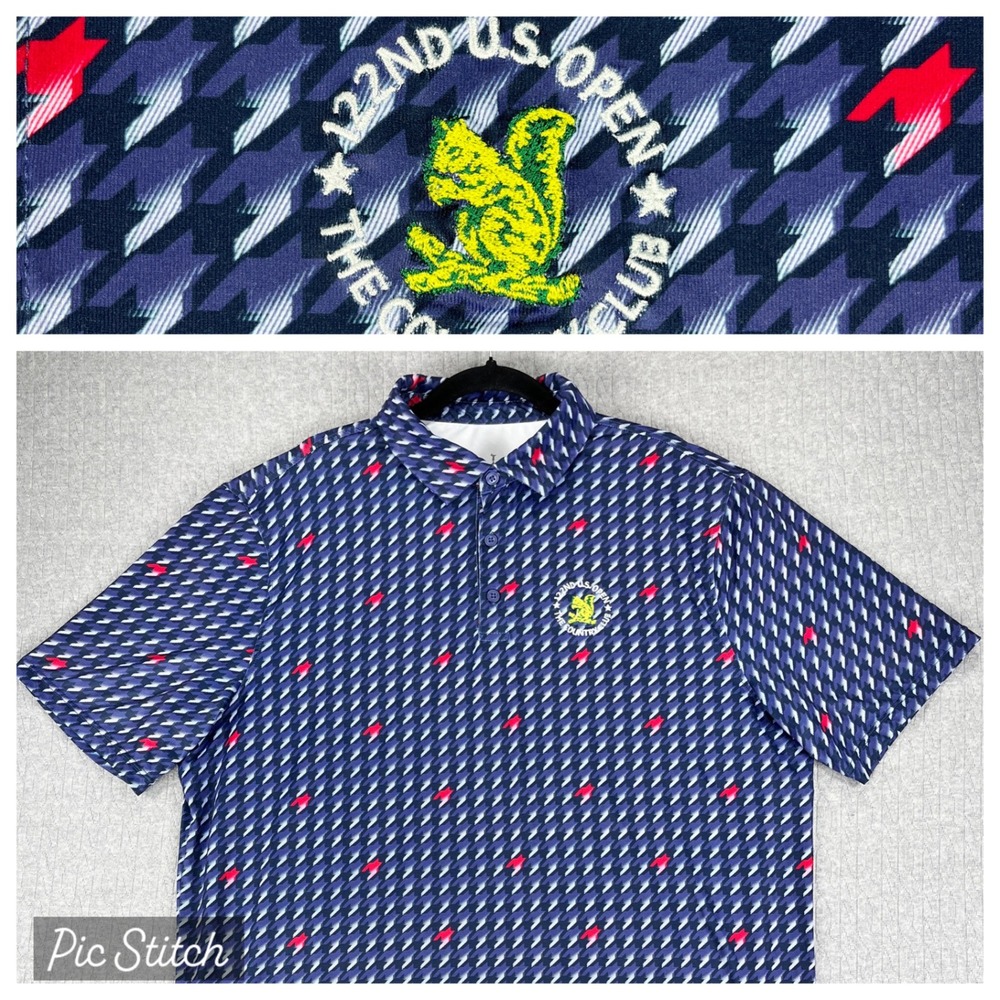 U.S. Open Polo Shirt Men L red white Blue Geometric‎ 122nd The Country Club Golf